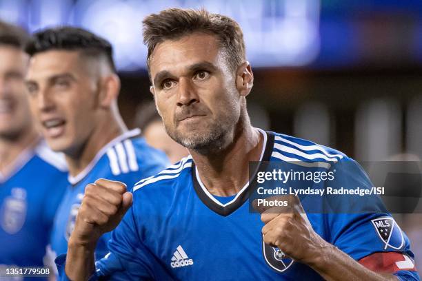 Chris Wondolowski of the San Jose Earthquakes celebrates his goal during a game between San Jose Earthquakes and Austin FC at PayPal Park on October...