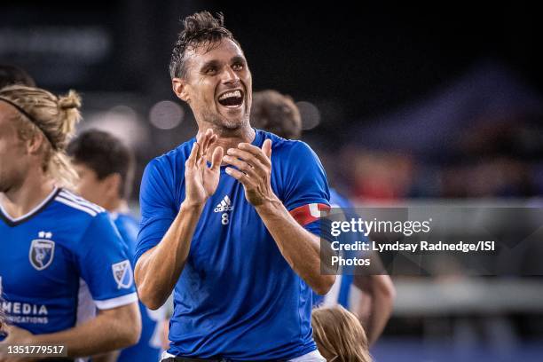 Chris Wondolowski of the San Jose Earthquakes acknowledges the fans after a game between San Jose Earthquakes and Austin FC at PayPal Park on October...