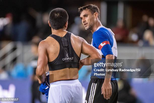Chris Wondolowski of the San Jose Earthquakes chats with Nick Lima of Austin FC after a game between San Jose Earthquakes and Austin FC at PayPal...