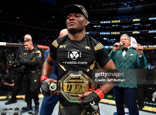 Kamaru Usman of Nigeria reacts after his unanimous-decision victory over Colby Covington in their UFC welterweight championship fight during the UFC...