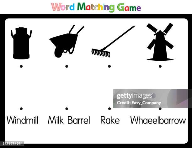 educational illustrations by matching words for young children. learn words to match pictures. as shown in the farm category - rustic farmhouse stock illustrations