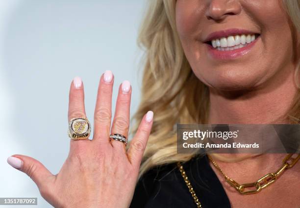 Los Angeles Lakers President Jeanie Buss, NBA Championship ring detail, attends the Wags & Walks 10th Annual Gala at the Taglyan Complex on November...