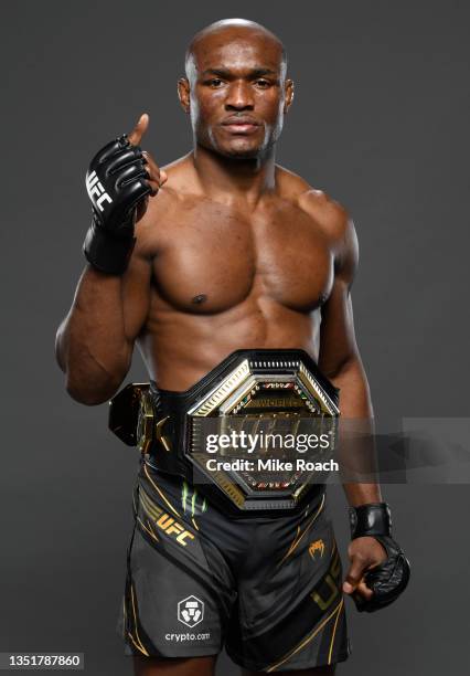 Kamaru Usman of Nigeria poses for a portrait after his victory during the UFC 268 event at Madison Square Garden on November 06, 2021 in New York...