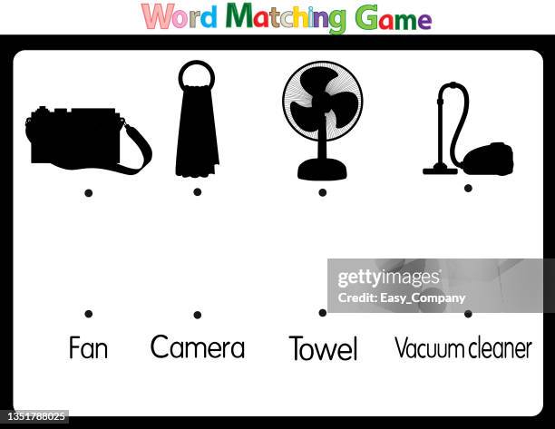 educational illustrations by matching words for young children. learn words to match pictures. as shown in the house category - folded laundry stock illustrations