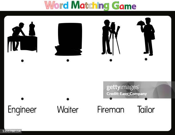 educational illustrations by matching words for young children. learn words to match pictures. as shown in the job category - restaurant-waiter-uniform stock illustrations