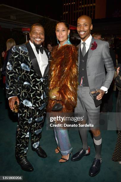 Honoree Kehinde Wiley, wearing Gucci, Tracee Ellis Ross, wearing Gucci, and Brandonn St. Regis attend the 10th Annual LACMA ART+FILM GALA honoring...