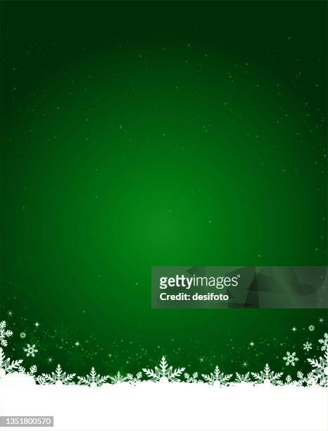 white colored snow and snowflakes at the bottom of a bright glossy green vertical blank, empty christmas or new year vector backgrounds - snow white eps stock illustrations