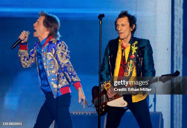 Singer Mick Jagger and guitarist Ronnie Wood of The Rolling Stones perform during a stop of the band's No Filter tour at Allegiant Stadium on...