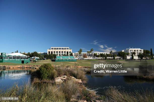 The 18th green is pictured ahead of the final round of the Portugal Masters at Dom Pedro Victoria Golf Course on November 07, 2021 in Quarteira,...