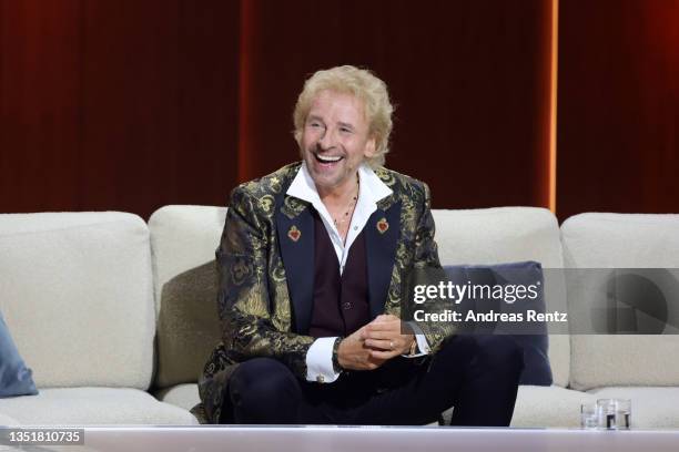 Host Thomas Gottschalk gestures during the 40th anniversary of the tv show "Wetten, dass...?" on November 06, 2021 in Nuremberg, Germany.