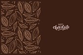 Hot chocolate calligraphy lettering on dark brown background and cocoa beans sketch border. Vector illustration in flat style For cafe menu, pack design, print design, poster, web banner