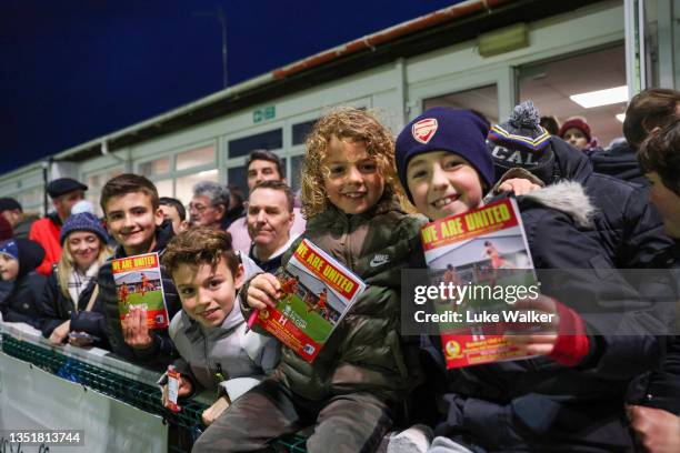 Young Banbury United fans prior to the Emirates FA Cup First Round match between Banbury United and Barrow at Spencer Stadium on November 06, 2021 in...
