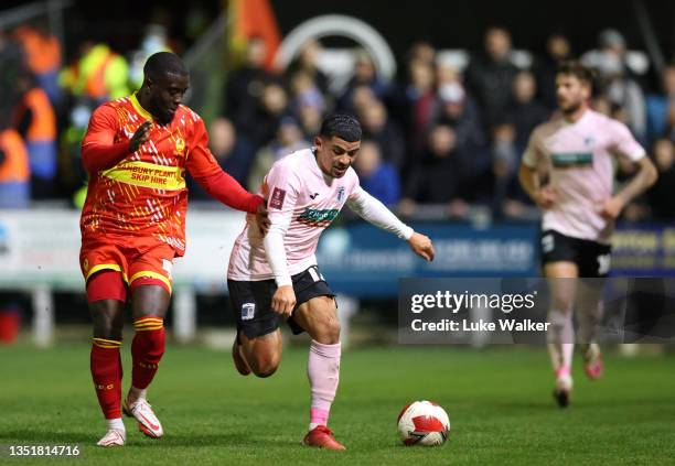 Josh Gordon of Barrow during the Emirates FA Cup First Round match between Banbury United and Barrow at Spencer Stadium on November 06, 2021 in...
