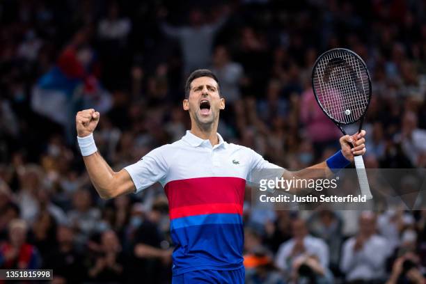 Novak Djokovic of Serbia celebrates winning a point during his singles semi final match against Hubert Hurkacz of Poland during Day Six of the Rolex...