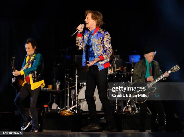 Guitarist Ronnie Wood, singer Mick Jagger and guitarist Keith Richards of The Rolling Stones perform during a stop of the band's No Filter tour at...