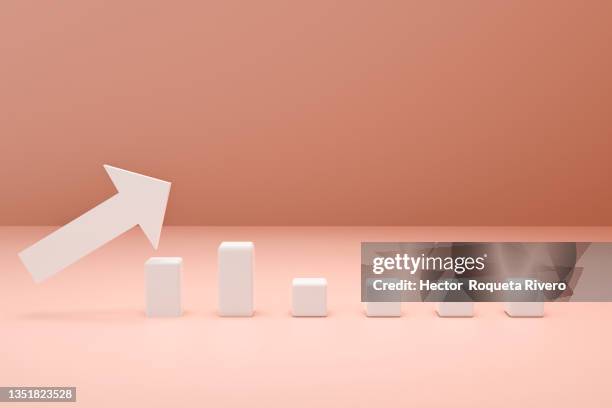 white statistics bars with white rising arrow on pink background, statistics concept - cost management stockfoto's en -beelden