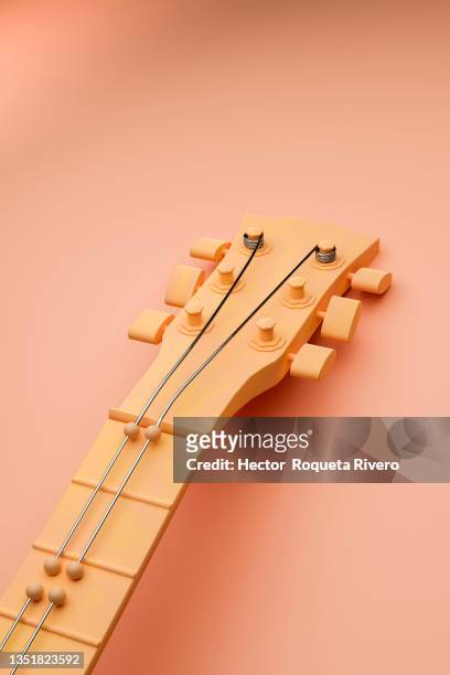 3d render of orange guitar with metal cables on pink background, music concept - red electric guitar stock pictures, royalty-free photos & images