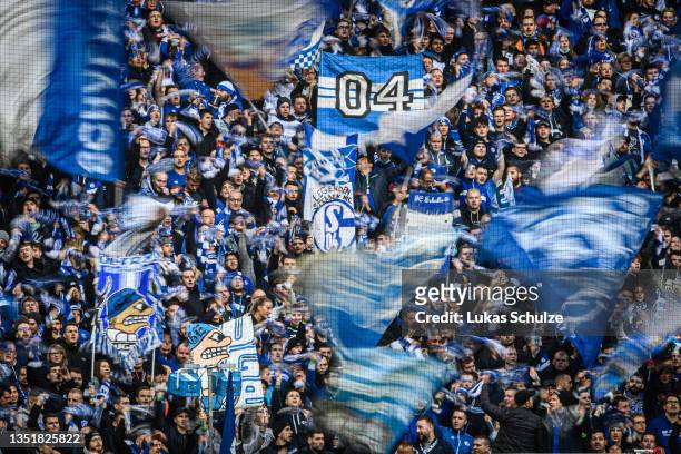 Fans of Schalke support their team ahead of the Second Bundesliga match between FC Schalke 04 and SV Darmstadt 98 at Veltins Arena on November 07,...