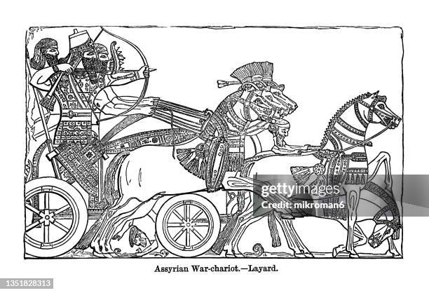 old engraving illustration of assyrian war chariot - layard - chariot stockfoto's en -beelden