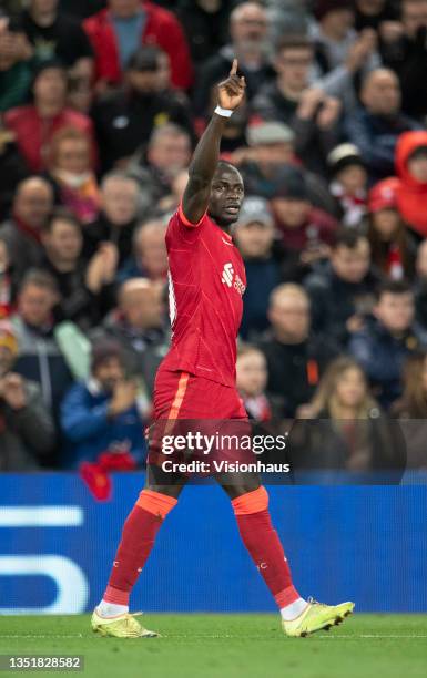 Sadio Mané of Liverpool celebrates scoring the second goal during the UEFA Champions League group B match between Liverpool FC and Atletico Madrid at...