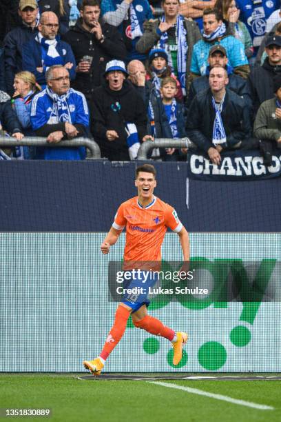 Scorer Mathias Honsak of Darmstadt celebrates his team's second goal during the Second Bundesliga match between FC Schalke 04 and SV Darmstadt 98 at...