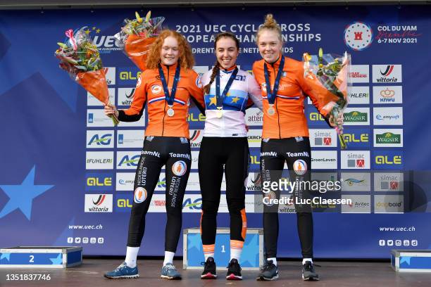 Silver medalists Puck Pieterse of Netherlands, gold medalists Shirin Van Anrooij of Netherlands, and bronze medalists Fem Van Empel of Netherlands,...