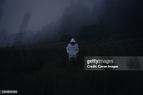 one mysterious man wearing a white hoodie in dark foggy forest - chignahuapan stock pictures, royalty-free photos & images
