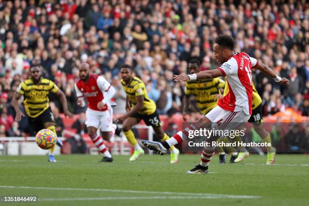 Pierre-Emerick Aubameyang of Arsenal has his penalty kick saved by Ben Foster of Watford FC during the Premier League match between Arsenal and...