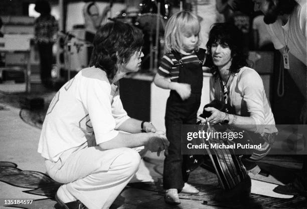 Mick Jagger and Keith Richards of the Rolling Stones and Richards' son Marlon during a soundcheck at Wembley Empire Pool, London, 7th September 1973.