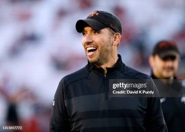 Head coach Matt Campbell of the Iowa State Cyclones coaches during pregame warmups at Jack Trice Stadium on November 6, 2021 in Ames, Iowa. The Iowa...