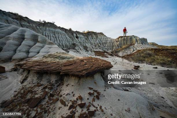 photographer stands in awe of dinosaur provincial park - dinosaur provincial park imagens e fotografias de stock