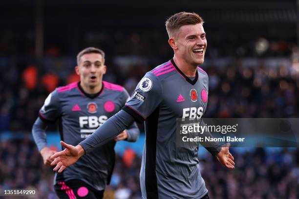 Harvey Barnes of Leicester City celebrates after scoring their sides first goal during the Premier League match between Leeds United and Leicester...