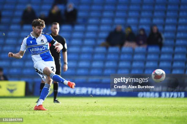 Antony Evans of Bristol Rovers scores their team's second goal from the penalty spot during the Emirates FA Cup First Round match between Oxford...