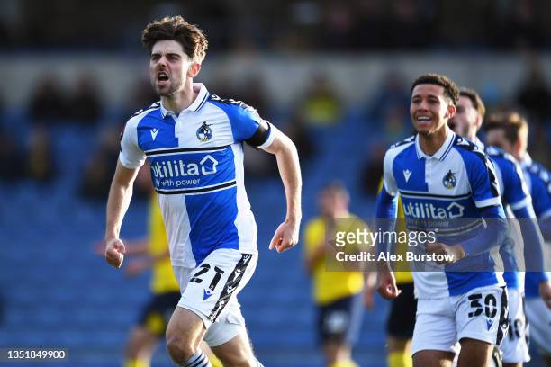 Antony Evans of Bristol Rovers celebrates scoring their team's second goal during the Emirates FA Cup First Round match between Oxford United and...