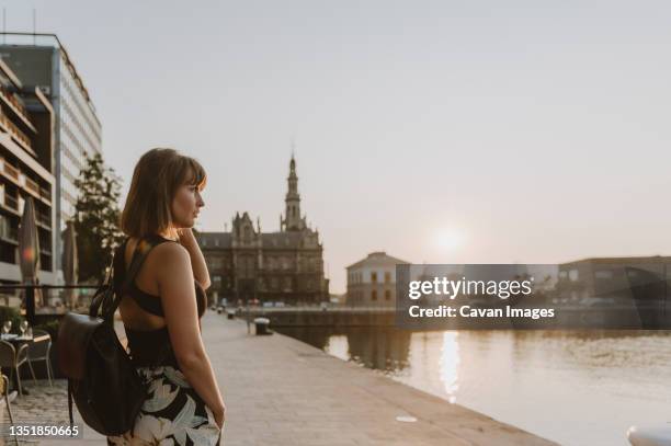 woman walking at the willem dock marina, antwerp - antwerpen belgien bildbanksfoton och bilder