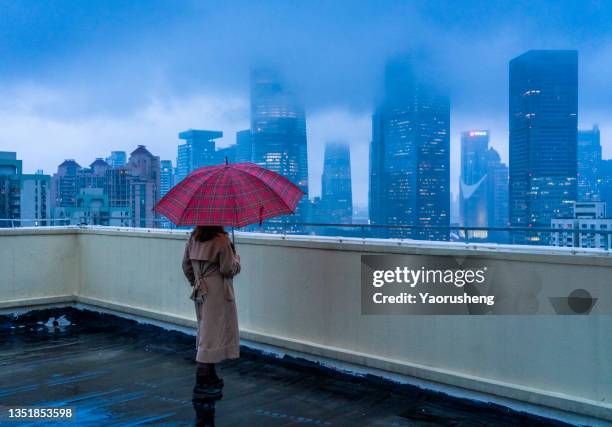 young asian woman looking  the  lujiazui buildings  while standing on the rooftop,shanghai,china - shelter in place concept stock-fotos und bilder