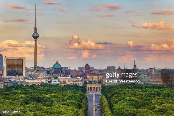 germany, berlin, aerial view of tiergarten park with city skyline in background - berlin brandenburger tor stockfoto's en -beelden