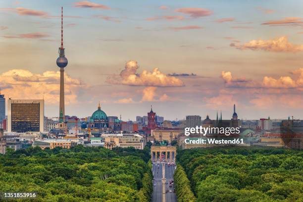 germany, berlin, aerial view of tiergarten park with city skyline in background - porta de brandemburgo imagens e fotografias de stock
