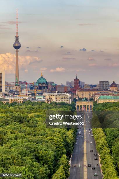 germany, berlin, aerial view oftiergartenpark with city skyline in background - berlin luftaufnahme stock-fotos und bilder