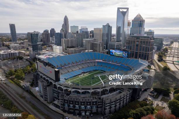 An aerial view of Bank of America Stadium and the downtown Charlotte skyline ahead of the NFL game between the New England Patriots and Carolina...