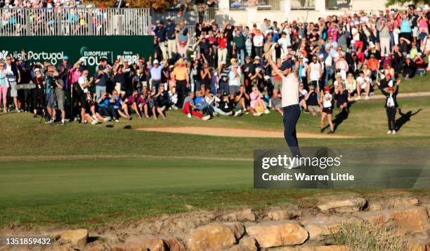 Thomas Pieters of Belgium holes the winning putt during the final round of the Portugal Masters at Dom Pedro Victoria Golf Course on November 07,...