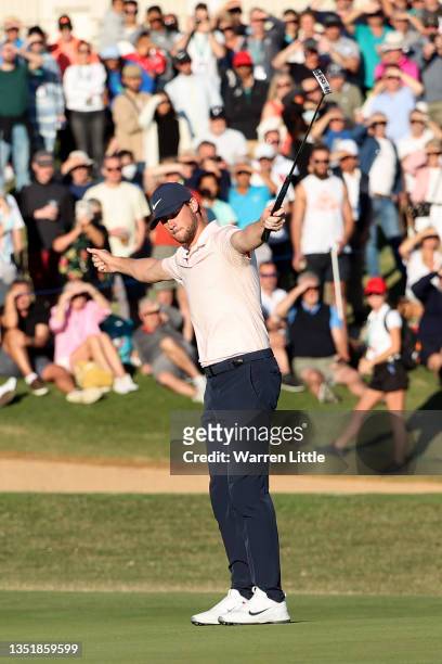 Thomas Pieters of Belgium celebrates after he holes the winning putt during the final round of the Portugal Masters at Dom Pedro Victoria Golf Course...