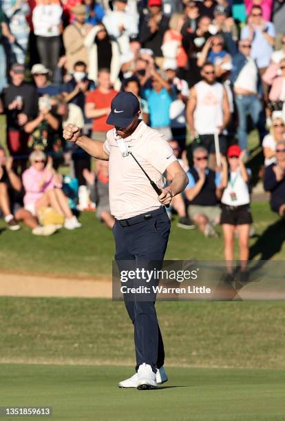 Thomas Pieters of Belgium celebrates after he holes the winning putt during the final round of the Portugal Masters at Dom Pedro Victoria Golf Course...