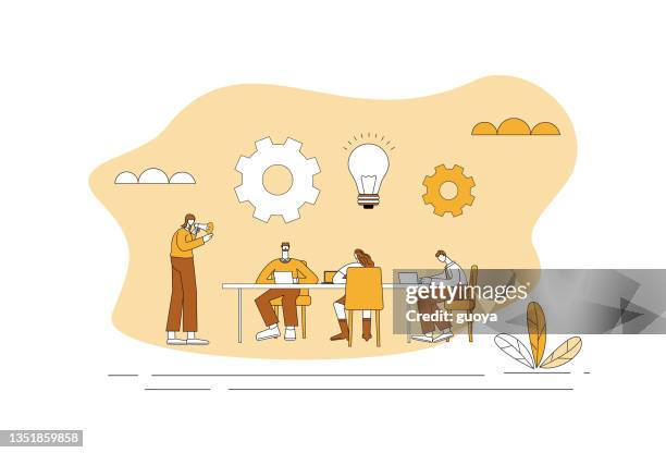 white-collar workers discuss work plans at company meetings - team looking at computer screen stock illustrations