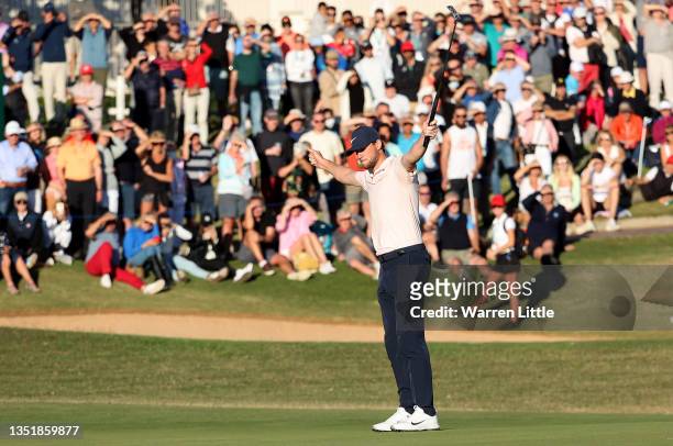 Thomas Pieters of Belgium celebrates after he holes the winning putt during the final round of the Portugal Masters at Dom Pedro Victoria Golf Course...