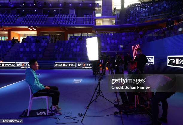 Brandon Nakashima of USA talks to media ahead of the Next Gen ATP Finals at Palalido Stadium on November 07, 2021 in Milan, Italy.