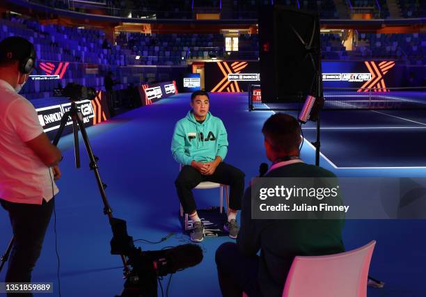 Brandon Nakashima of USA talks to media ahead of the Next Gen ATP Finals at Palalido Stadium on November 07, 2021 in Milan, Italy.