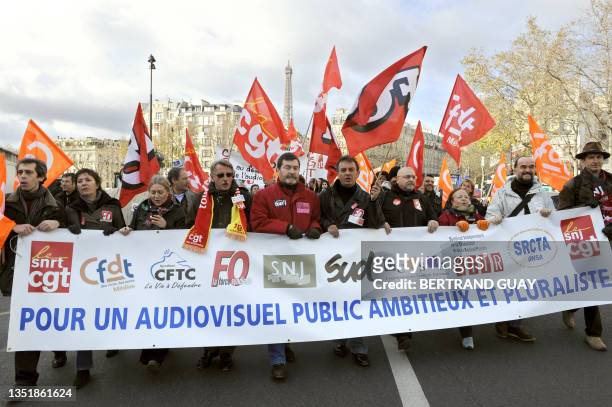 People demonstrate on November 25, 2008 in Paris, during a rally of French public televisions "France Televisions" employees against the government's...