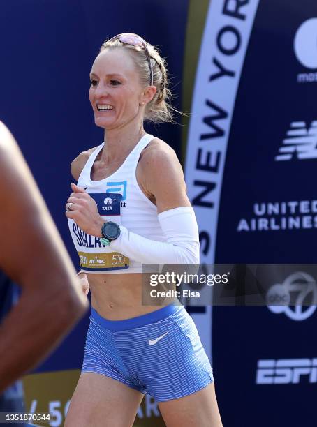 Shalane Flanagan oof the United States reacts after she crossed the finish line during the 2021 TCS New York City Marathon in Central Park on...