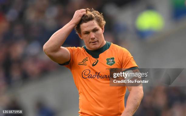 Wallabies captain Michael Hooper reacts after his try is disallowed during the Autumn Nations Series match between Scotland and Australia at...